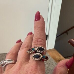 Elegant Turkish Gold and Silver Ring with Blue and Red Accents